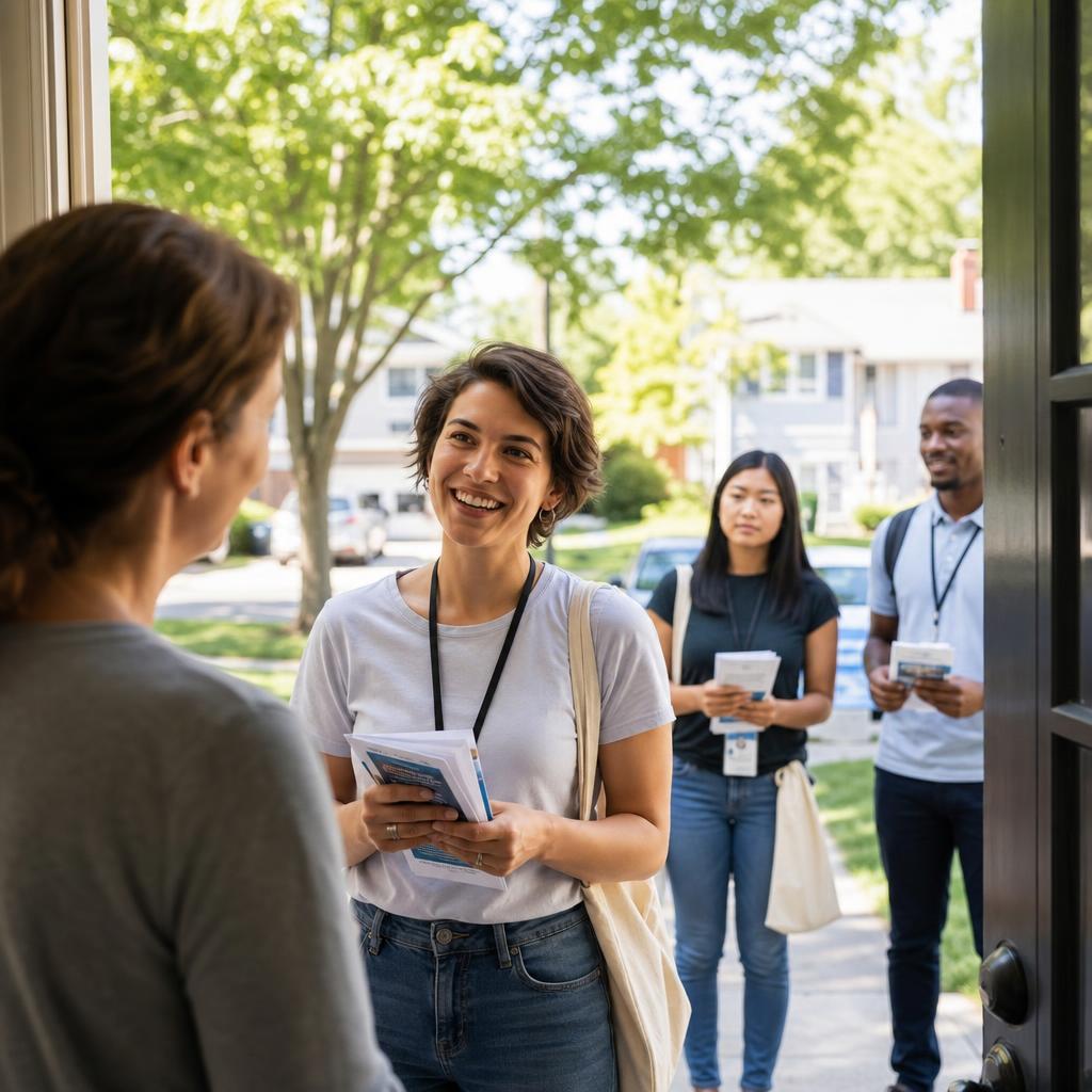 Volunteers canvassing door-to-door in a neighborhood